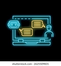 Neon chatbot and a man having a conversation through a laptop screen, illustrating the concept of artificial intelligence