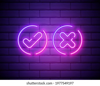 Neon check mark and cross on brick wall. Pink tick and decline symbol isolated on brick wall. Accept and reject. Right and wrong. Bright neon design for games, app, web page. Vector illustration.