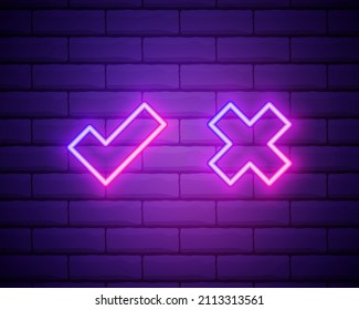 Neon check mark and cross on brick wall. Pink tick and decline symbol isolated on brick wall. Accept and reject. Right and wrong. Bright neon design for games, app, web page. Vector illustration