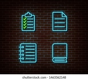 Neon checklist, book, note, file signs vector isolated on brick wall. Neon studying light symbol. Vector illustration.