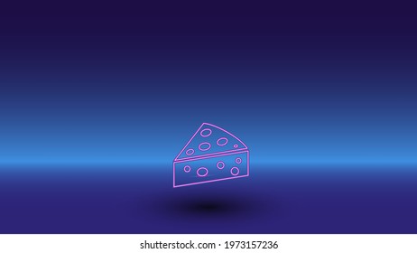 Neon cheese symbol on a gradient blue background. The isolated symbol is located in the bottom center. Gradient blue with light blue skyline