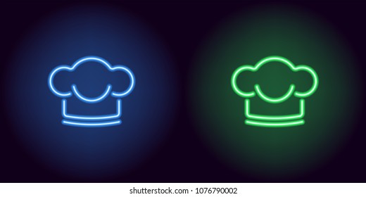 Neon Chef hat in blue and green color. Vector illustration of Chef hat consisting of neon outlines, with backlight on the dark background