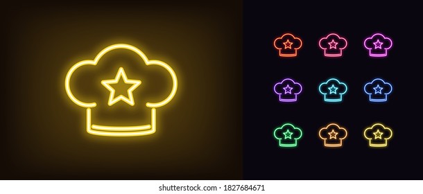 Neon chef hat, glowing icon. Neon chef cap with star, bakery rating in vivid colors. Kitchen review for favorite restaurant, best cook, top confectionery. Icon set, sign, symbol. Vector illustration