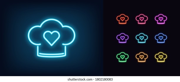 Neon chef hat icon. Glowing neon chef cap with heart, bakery sign in vivid colors. Love kitchen, favorite restaurant, cook with love, confectionery. Icon set, sign, symbol for UI. Vector illustration