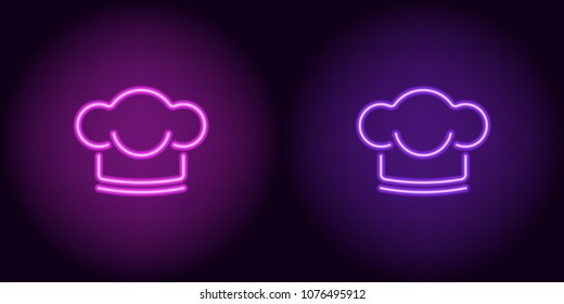 Neon Chef hat in purple and violet color. Vector illustration of Chef hat consisting of neon outlines, with backlight on the dark background