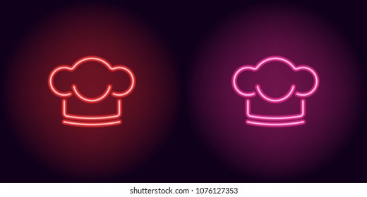 Neon Chef hat in red and pink color. Vector illustration of Chef hat consisting of neon outlines, with backlight on the dark background