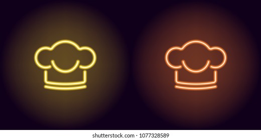 Neon Chef hat in yellow and orange color. Vector illustration of Chef hat consisting of neon outlines, with backlight on the dark background
