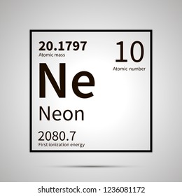 Neon chemical element with first ionization energy and atomic mass values ,simple black icon with shadow on gray