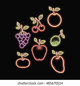 neon cherry grapes orange apple lemon mango and tangerine icon. decoration and advertising theme. Colorful design. Vector illustration