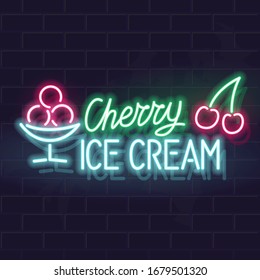 Neon cherry ice cream typography with icons. Vector isolated neon illustration for any dark background. Fluorescent line art icon for logo, poster, menu, social network post.