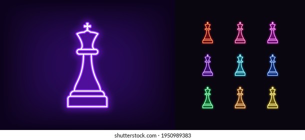 Icono del rey del ajedrez. Signo de rey de neón brillante, pieza de ajedrez de contorno, silueta de colores vivos. Juego de ajedrez en línea, tácticas de estrategia en tablero de ajedrez, jaque mate. Juego de iconos vectores, signo, pictograma para interfaz de usuario