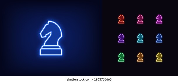 Neon chessmen knight icon. Glowing neon horse sign, outline chess piece, silhouette in vivid colors. Online chess game, strategy tactics on chessboard, checkmate. Vector icon set, sign, pictogram