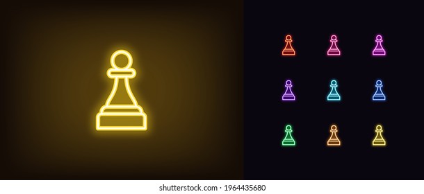 Neon chessmen pawn icon. Glowing neon pawn sign, outline chess piece, silhouette in vivid colors. Online chess game, strategy tactics on chessboard, checkmate. Vector icon set, sign, pictogram