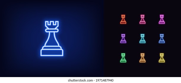 Neon chessmen rook icon. Glowing neon rook sign, outline chess piece, tower silhouette in vivid colors. Online chess game, strategy tactics on chessboard, checkmate. Vector icon set, sign, pictogram