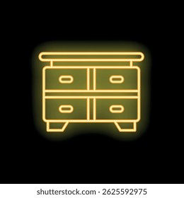 Neon chest of drawers icon with a changing table on top glowing on a black background