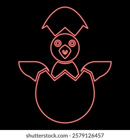 Neon chicks hatch from the egg baby bird cracked eggshell red color vector illustration image flat style