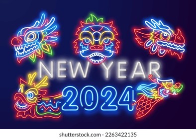 Neon Chinese Dragon red logo, traditional glow style. Vector illustration. China lunar calendar animal 2024 Happy New year. Red blue neon style on black background. Light icon 2024.