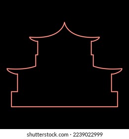 Neon chinese house silhouette Traditional Asian pagoda Japanese cathedral Facade red color vector illustration image flat style light