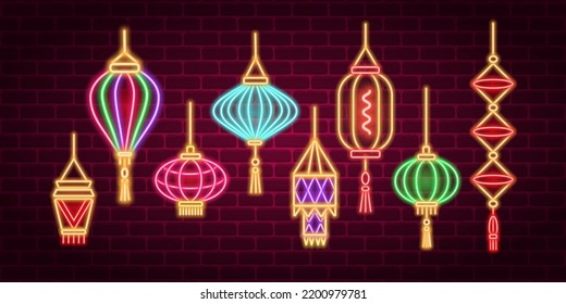 Neon Chinese lanterns set on brick background. Glowing lanterns collection vector illustration.