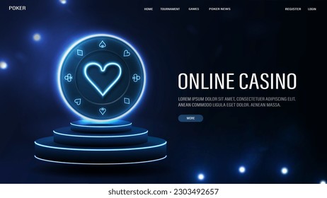 Neon chip for casino games on the podium. A web banner with a platform on a blue background.