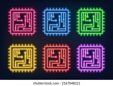 Neon chip. Set of multi-colored microchips. Technology.