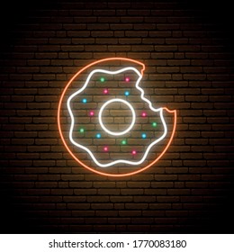 Neon chocolate donut sign. Glowing neon Donut with sweet glaze isolated on brick wall background. Vector donut emblem.