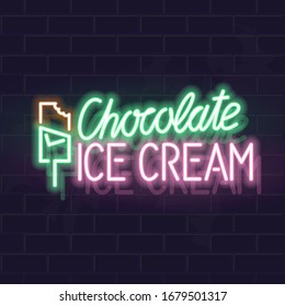 Neon chocolate ice cream typography with icons. Vector isolated neon illustration for any dark background. Fluorescent line art icon for logo, poster, menu, social network post.