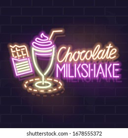 Neon chocolate milkshake typography and icon. Vector isolated neon illustration for any dark background. Fluorescent line art icon for menu, logo, poster, social network post.