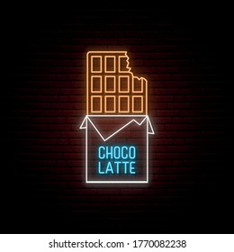 Neon chocolate sign. Glowing neon chocolate emblem on dark brick wall background. Outline vector icon for ui and ux, website, mobile app.