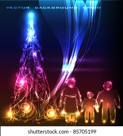 neon Christmas background with family and tree