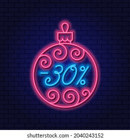 Neon Christmas ball con un patrón. 30% de descuento en la variedad de Año Nuevo. Concepto de descuento, año nuevo. Elemento de diseño lineal de neón brillante con un fondo oscuro.