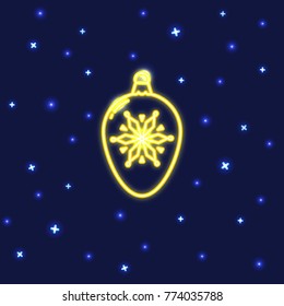 Neon Christmas bauble icon in line style. Decorative ball with star on dark background.
