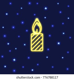 Neon Christmas candle icon in line style. Bright shining symbol on dark background.