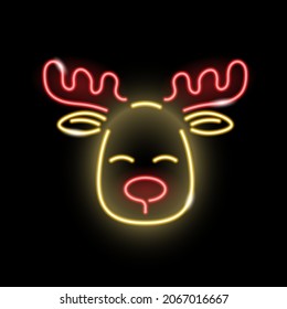 Neon Christmas deer face icon isolated on black background. X-mas, children, winter holiday concept. Vector 10 EPS illustration.