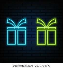 Neon Christmas gift box on a brick wall background.