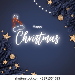 Neon Christmas Greeting Card. Christmas lettering, vector illustration. Christmas typography, handwriting. Wooden planks background with lights. on with lettering text Happy Christmas