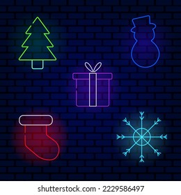 Neon Christmas icons set tree,sock snowflake,snowman,giftbox