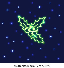 Neon Christmas mistletoe icon in line style. Traditional holly berry symbol on dark background.