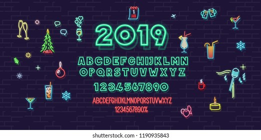 Neon christmas and new 2019 year icons and font set. Isolated for logo, poster, banner. Headline and small condensed uppercase letters.