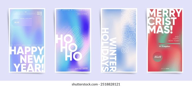 Neon Christmas and New Year Stories Pack: Gradient backgrounds, holographic frames, and festive designs for holiday sales, music events, and posts. Vertical templates.