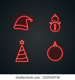 Neon christmas objects on black background. Editable stroke.