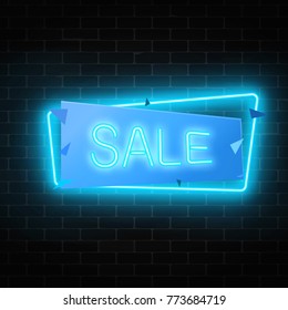 Neon christmas or other holiday sale sign in geometric frame in blue color on a brick wall background. Inviting banner with discount. Vector illustration.