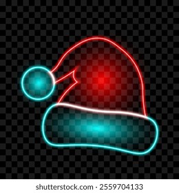 Neon Christmas Santa hat, isolated on transparent background, vector illustration.