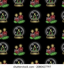 Neon Christmas seamless pattern with candles and snow globe ball with Xmas tree on black background. Cozy home, New Year, winter concept for wallpaper, wrapping, print. Vector 10 EPS illustration.