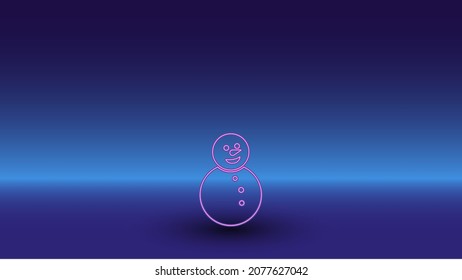 Neon Christmas snowman symbol on a gradient blue background. The isolated symbol is located in the bottom center. Gradient blue with light blue skyline