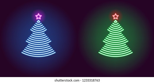 Neon Christmas tree, glowing sign. Vector illustration of Christmas tree with star in outline neon style, blue and green colors. Decorative glowing icon for Xmas and New Year. Holiday fir symbol