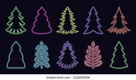 Neon christmas tree holiday banner sign flat set. Winter advertisement nightclub site gift interface web poster. Bright new year simple shape sticker glowing sleek outline decorating line isolated
