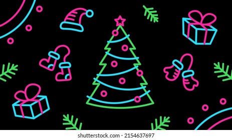 Neon Christmas tree with holiday elements - gifts, mittens, hat. Outline illustration in retro style on a black background.
