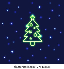 Neon Christmas tree icon in line style. Decorated fir tree with baubles and star on dark background.