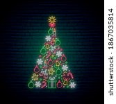 Neon Christmas tree made of balls, candles, snowflakes and gifts. Bright light signboard for winter holidays. Vector illustration.